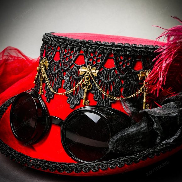 Lace Feather Victoria Steampunk Top Hat Goggle Red - Picture 7 of 9